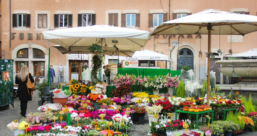 To celebrate spring, visit the Campo de Fiori Flower Market in Rome and also enjoy a nice snack.