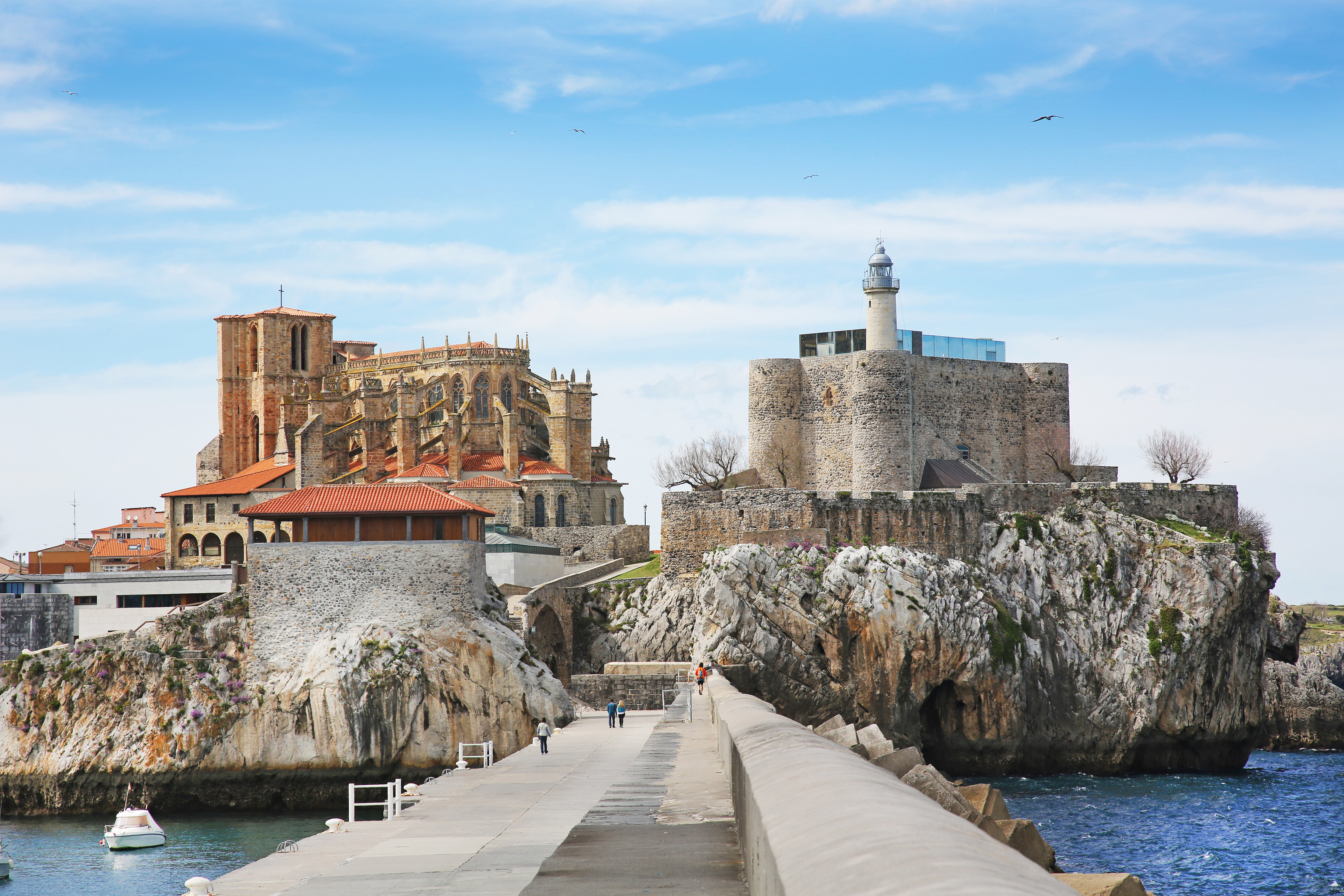 The Castillo de Santa Ana lighthouse in the coastal town of Castro Urdiales, in Cantabria