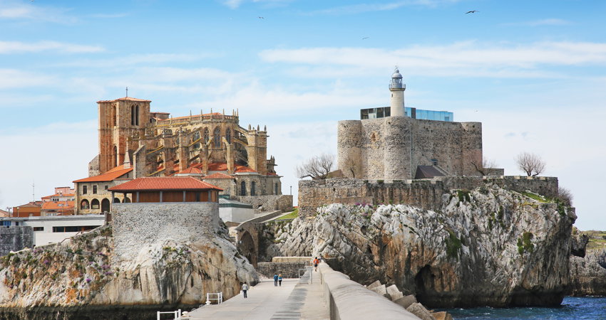 The Castillo de Santa Ana lighthouse in the coastal town of Castro Urdiales, in Cantabria