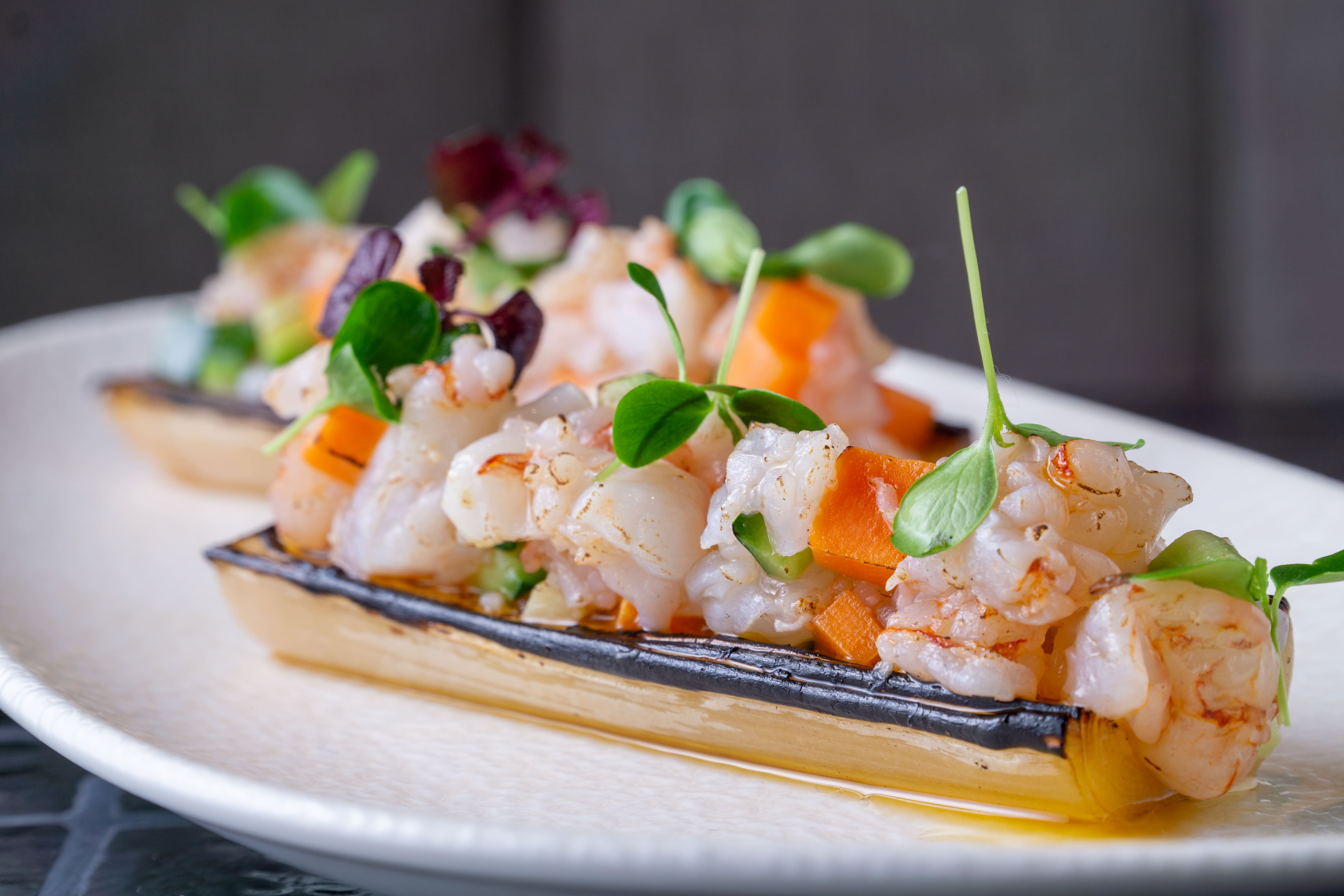 grilled leek with shrimp tartare from terracotta