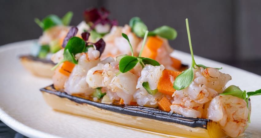 grilled leek with shrimp tartare from terracotta