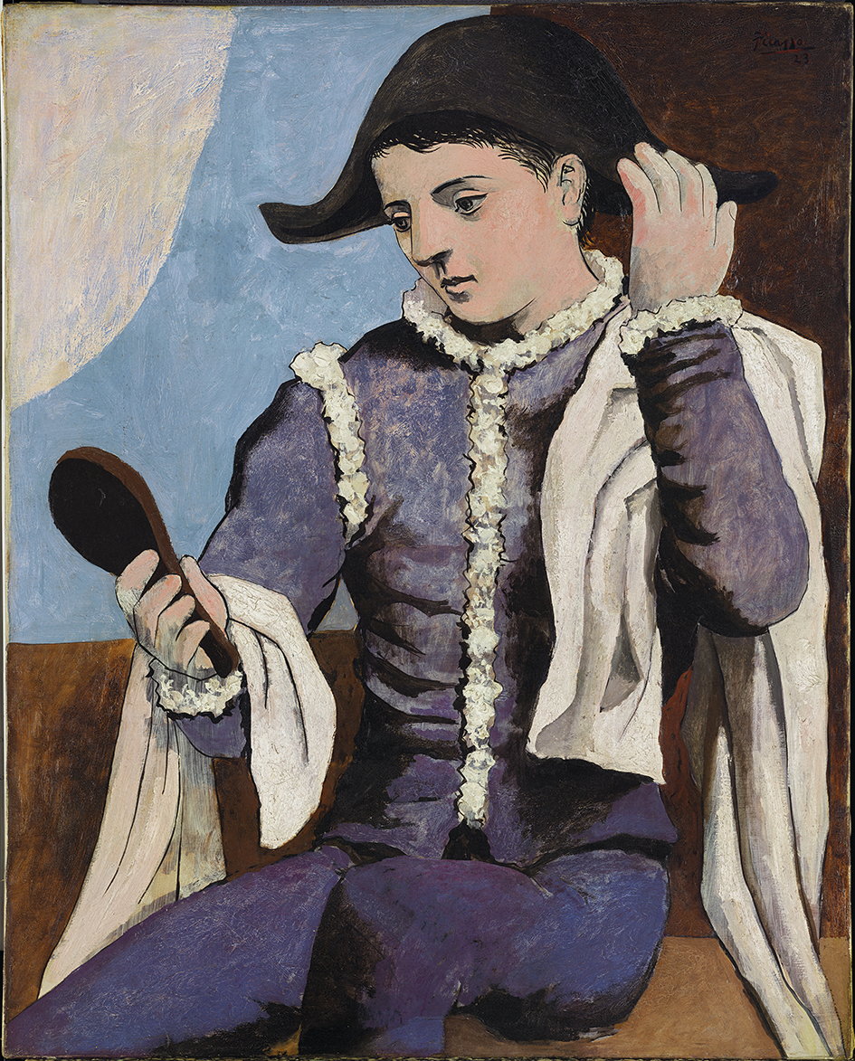 Harlequin with a Mirror combines three characters from the circus and the Commedia dell’arte that held a strong fascination for Picasso.