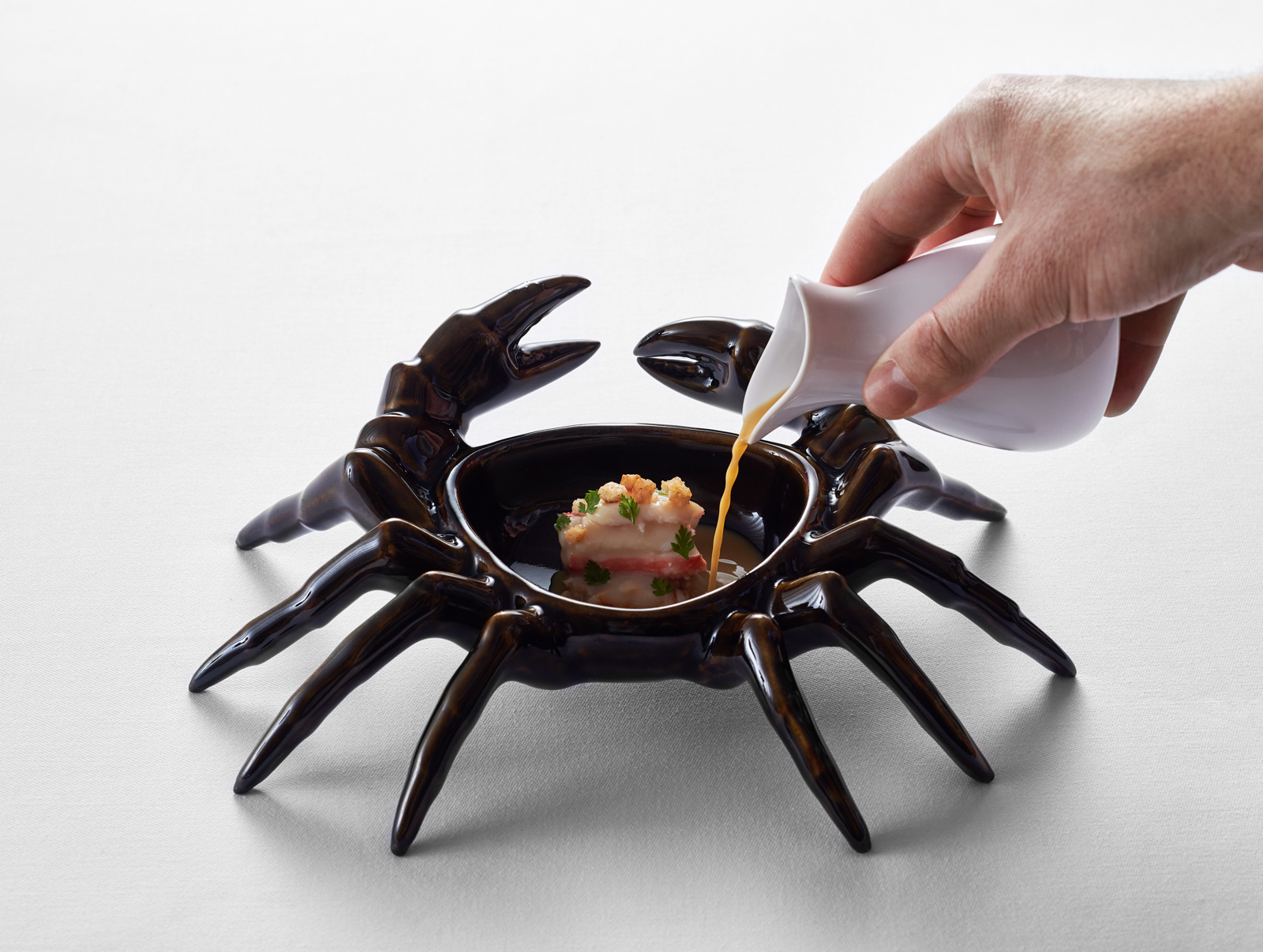 Recipe from The Yeatman served on a crab-shaped sculptural plate