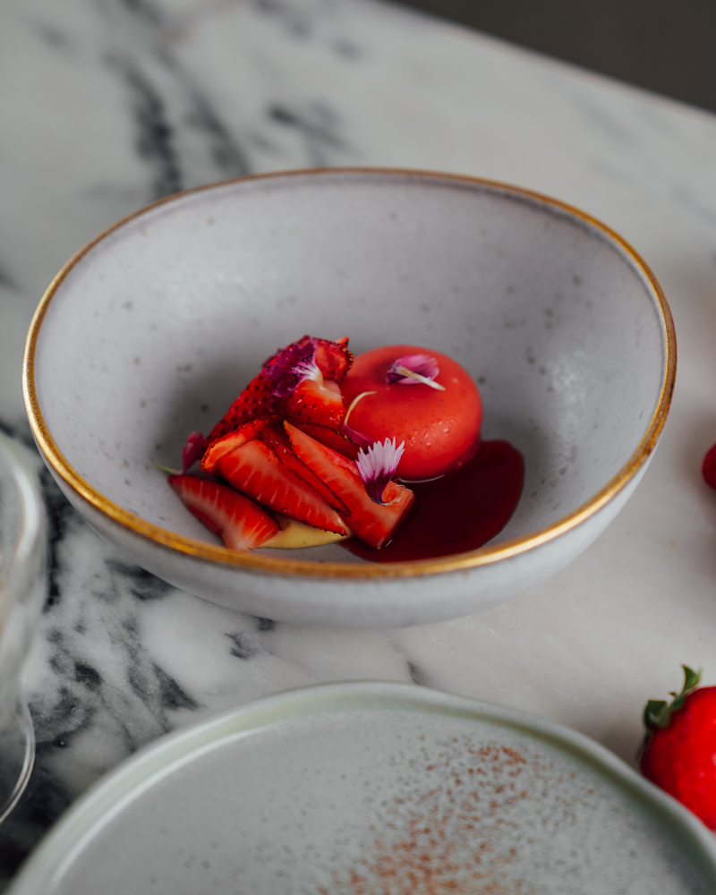 View of one of Le Monument's signature dishes, with red tones