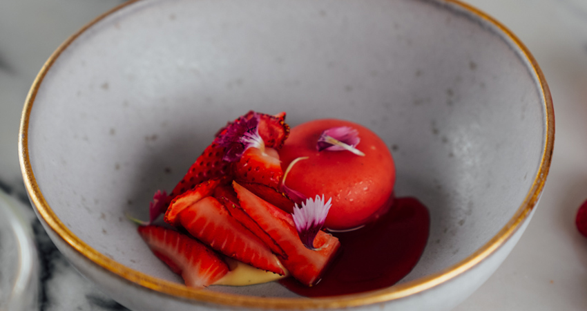 View of one of Le Monument's signature dishes, with red tones