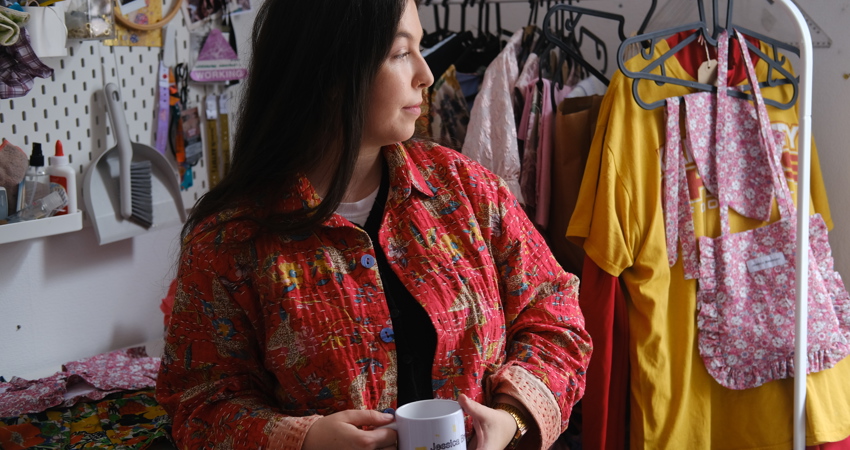 Jessica Brennan in her studio, next to some of her designs. Photo by Rory Chinn / @rorychinnphoto on Instagram