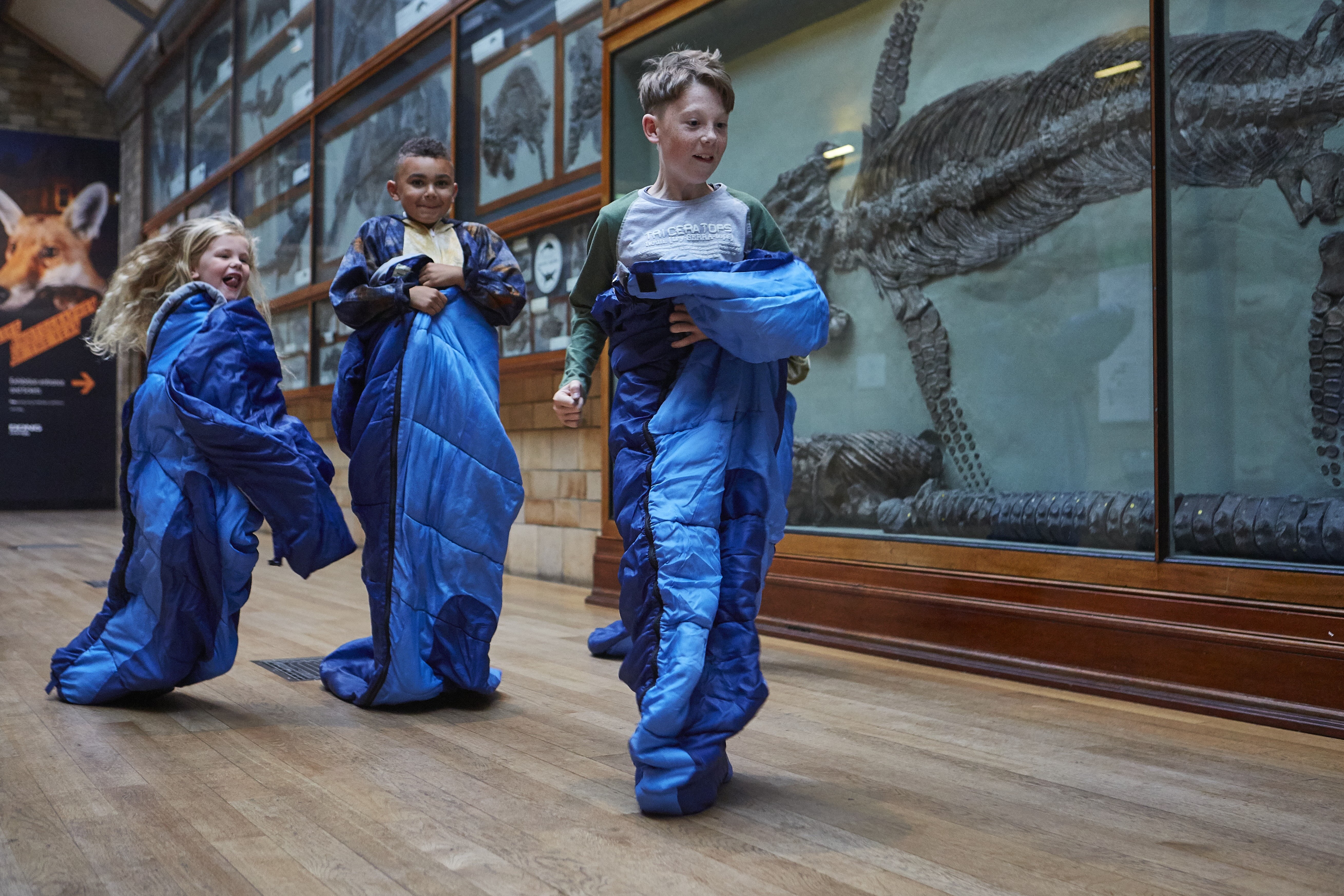 Traveling with children on Iberia. In the photo, three children participate in a sleeping bag race in one of the museum galleries, with dinosaur skeletons in the background.