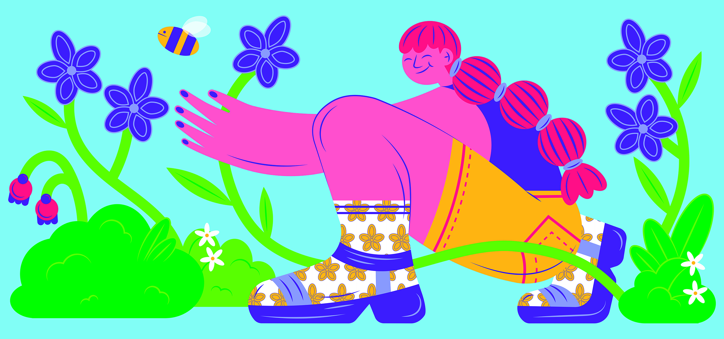 Ilustración de una figura femenina de piel rosa con trenzas, inclinada hacia adelante para tocar una flor azul grande. Viste calcetines estampados con flores amarillas y zapatos azules. La rodea un jardín exuberante con flores azules de cinco pétalos, arbustos verdes y una abeja volando. La paleta de colores es vibrante: azul cian de fondo, verde eléctrico, rosa fucsia y amarillo. El estilo es ilustración plana con contornos gruesos,